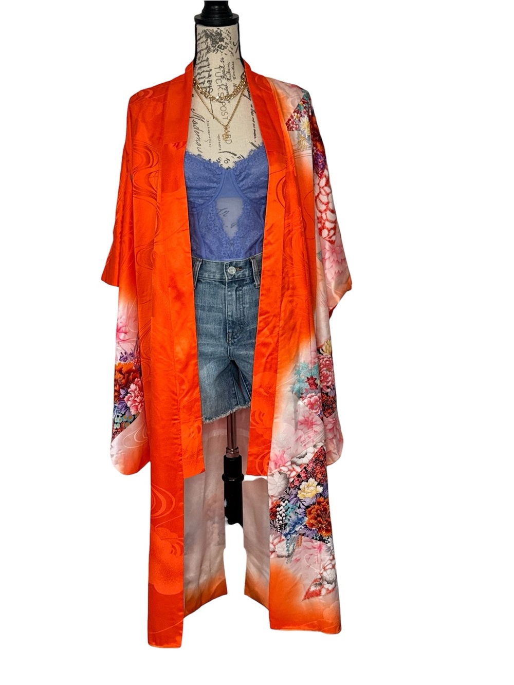 Vintage Style Kimono/Duster Multicolored/Orange Size Small Handmade